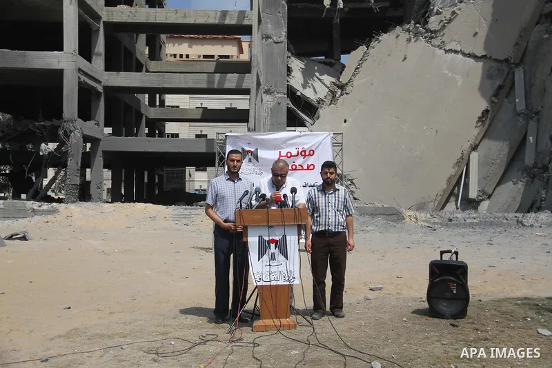 Director of Public Relations of the Ministry of Culture, Aref Bakr, speaks during a press conference, in Gaza city, on July 16, 2018. Photo by Mahmoud Ajour