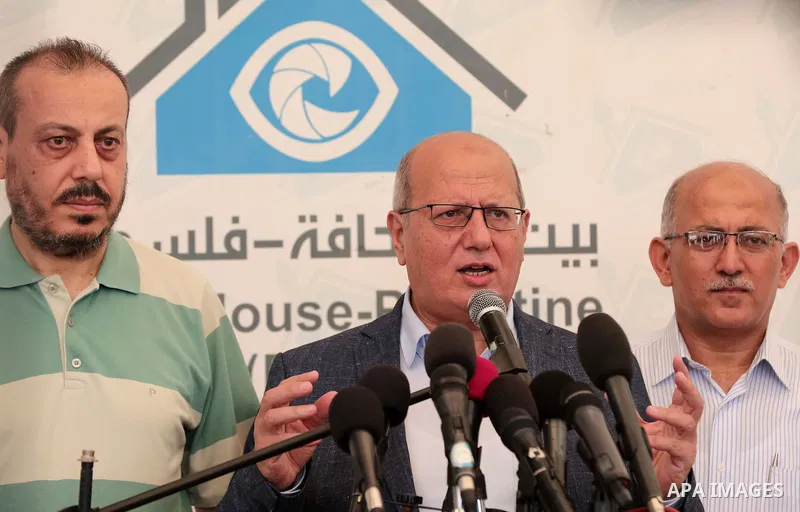Head of the Popular Committee Jamal El-Khodari speaks during a press conference in Gaza city on July 23, 2018. Photo by Ramadan el-agha