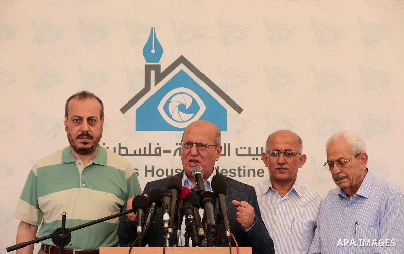 Head of the Popular Committee Jamal El-Khodari speaks during a press conference in Gaza city on July 23, 2018. Photo by Ramadan el-agha