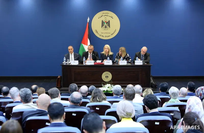 Advisor to Palestinian Prime Minister, Khairia Rasas chairs a meeting of donor countries ways to support the budget and "UNRWA" and the implementation of development projects in Gaza and the West Bank, in the West Bank c...