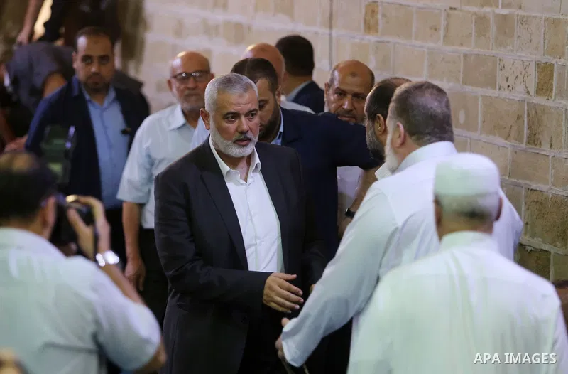 Palestinian Hamas Chief Ismail Haniyeh attends the funeral of Palestinian Hamas militants who were killed in Israeli tank fire, at Omari Mosque in Gaza City July 26, 2018. Photo by Ashraf Amra