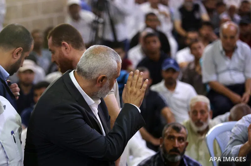 Palestinian Hamas Chief Ismail Haniyeh attends the funeral of Palestinian Hamas militants who were killed in Israeli tank fire, at Omari Mosque in Gaza City July 26, 2018. Photo by Ashraf Amra
