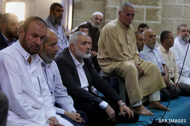 Palestinian Hamas Chief Ismail Haniyeh attends the funeral of Palestinian Hamas militants who were killed in Israeli tank fire, at Omari Mosque in Gaza City July 26, 2018. Photo by Ashraf Amra