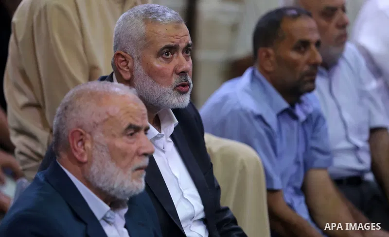 Palestinian Hamas Chief Ismail Haniyeh attends the funeral of Palestinian Hamas militants who were killed in Israeli tank fire, at Omari Mosque in Gaza City July 26, 2018. Photo by Ashraf Amra