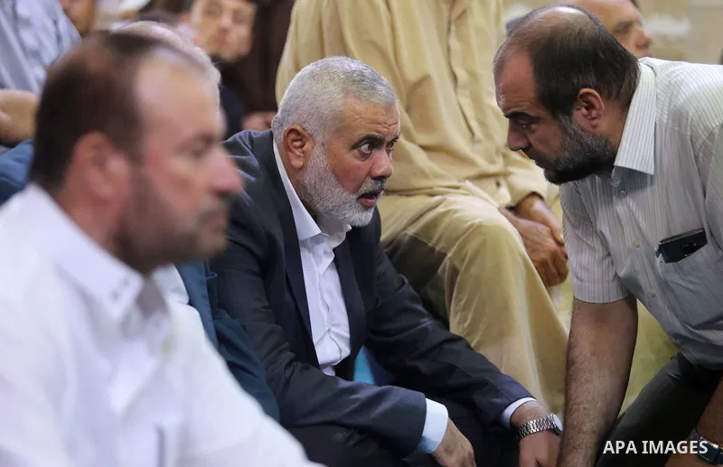 Palestinian Hamas Chief Ismail Haniyeh attends the funeral of Palestinian Hamas militants who were killed in Israeli tank fire, at Omari Mosque in Gaza City July 26, 2018. Photo by Ashraf Amra