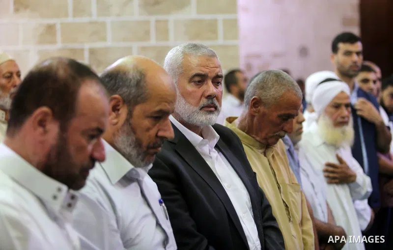 Palestinian Hamas Chief Ismail Haniyeh attends the funeral of Palestinian Hamas militants who were killed in Israeli tank fire, at Omari Mosque in Gaza City July 26, 2018. Photo by Ashraf Amra