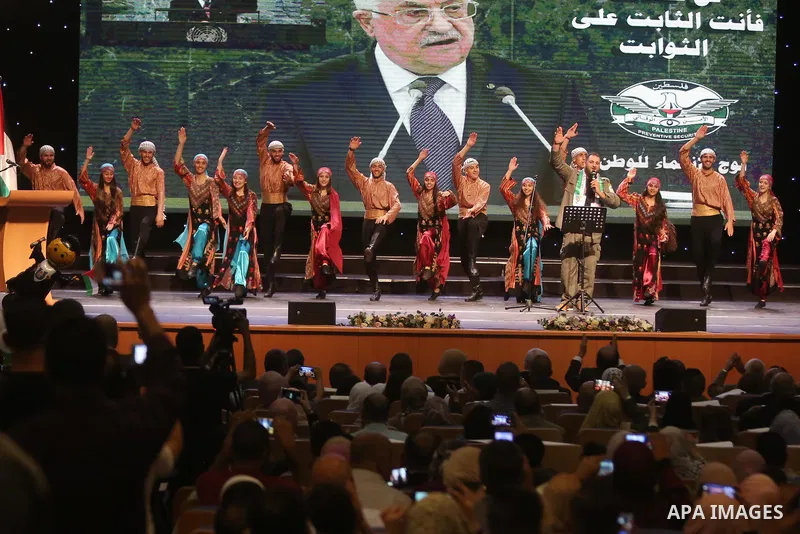 Palestinian Asayel band of folk art, perform during a show on the stage in the West Bank city of Ramallah, on June 26, 2018. Photo by Shadi Hatem