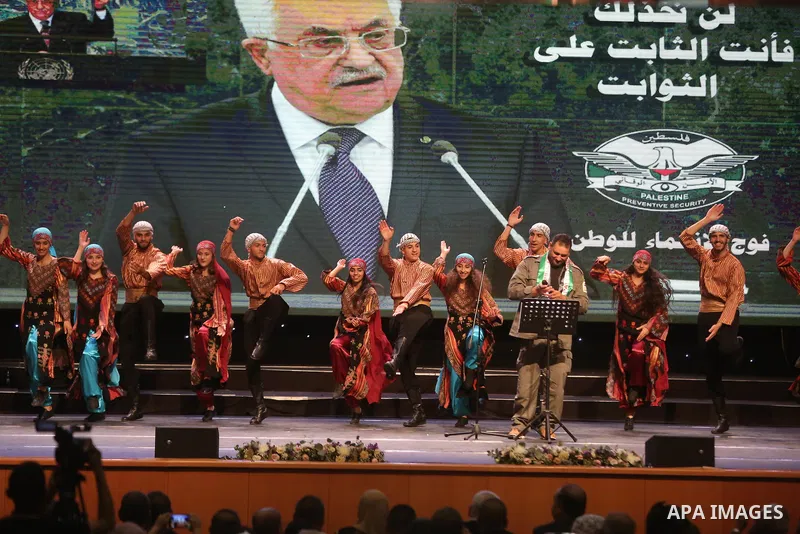 Palestinian Asayel band of folk art, perform during a show on the stage in the West Bank city of Ramallah, on June 26, 2018. Photo by Shadi Hatem