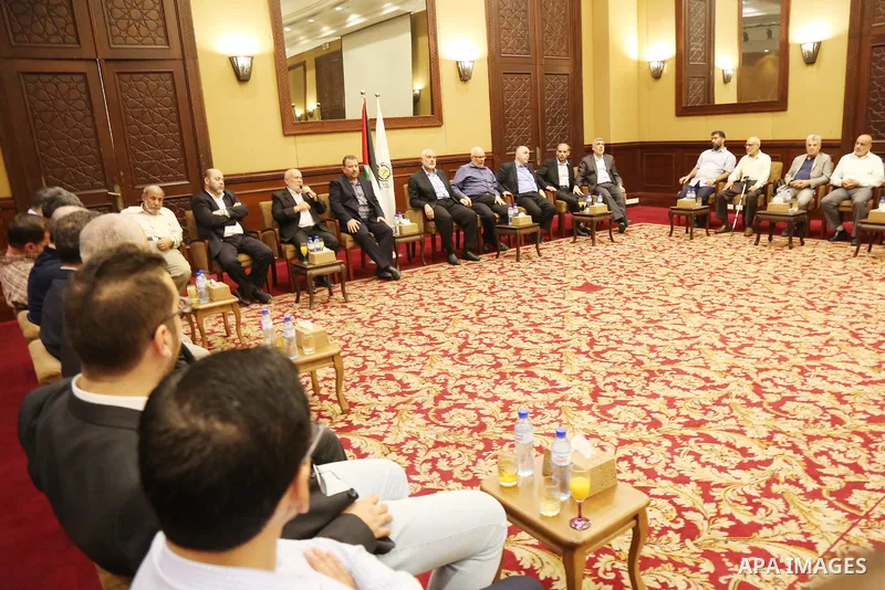 Palestinian Hamas leaders attend a meeting, in Gaza City August 2, 2018. Hamas Chief Media Office.