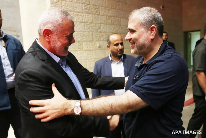 Palestinian Hamas leaders attend a meeting, in Gaza City August 2, 2018. Hamas Chief Media Office.