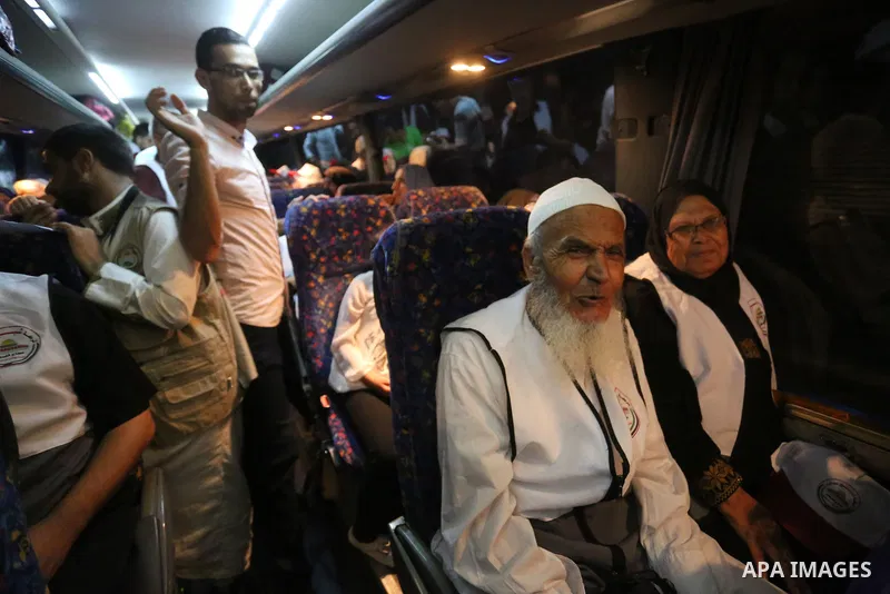 Palestinians bid farewell to their relatives who is preparing to leaves Gaza for the annual Hajj pilgrimage in Mecca, in Khan Younis the southern Gaza Strip August 3, 2018. Photo by Ashraf Amra