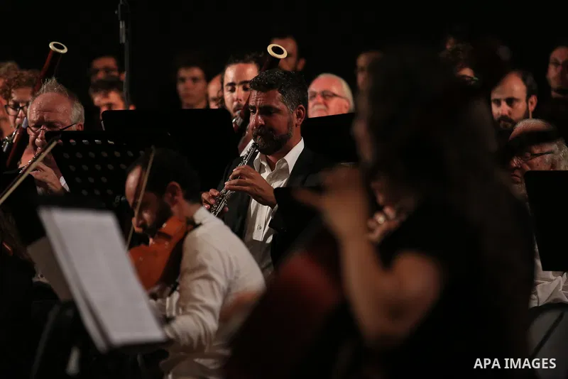 Musicians from European and Palestine perform the Ludwig Van Beethoven's Symphony No.9 during the festival of Jerusalem we sing, in the West bank city of Nablus, on August 4, 2018. Photo by Shadi Jarar'ah