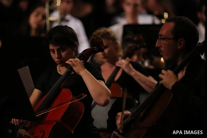 Musicians from European and Palestine perform the Ludwig Van Beethoven's Symphony No.9 during the festival of Jerusalem we sing, in the West bank city of Nablus, on August 4, 2018. Photo by Shadi Jarar'ah