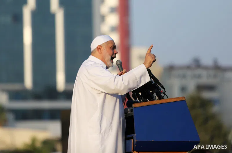 Chairman of the political bureau of the Hamas Palestinian Islamist movement, Ismail Haniyeh speaks during the prayer of Eid al-Adha or the feast of sacrifice in Gaza city, on August 21, 2018. Muslims around the world are...