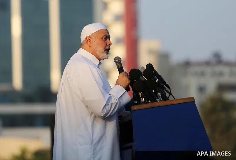 Chairman of the political bureau of the Hamas Palestinian Islamist movement, Ismail Haniyeh speaks during the prayer of Eid al-Adha or the feast of sacrifice in Gaza city, on August 21, 2018. Muslims around the world are...