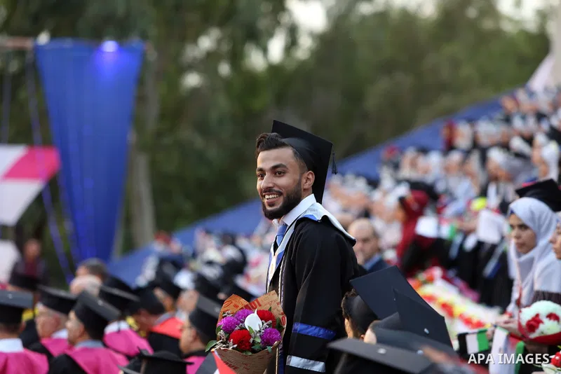 Palestinian students celebrate during their graduation ceremony at al-Aqsa University in Khan Younis in the southern of Gaza strip on Sep. 01, 2018. Photo by Atia Darwish