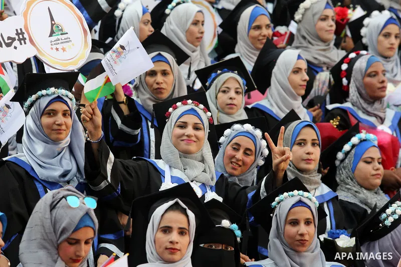 Palestinian students celebrate during their graduation ceremony at al-Aqsa University in Khan Younis in the southern of Gaza strip on Sep. 01, 2018. Photo by Atia Darwish