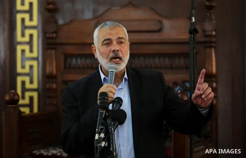 Palestinian Hamas Chief Ismail Haniyeh speaks at a mosque during the funeral of Palestinian Hamas militant Abdul Rahim Abbas ,42, who was killed in an unexplained explosion, in Gaza city, on Sept. 06, 2018. Photo by Ashr...