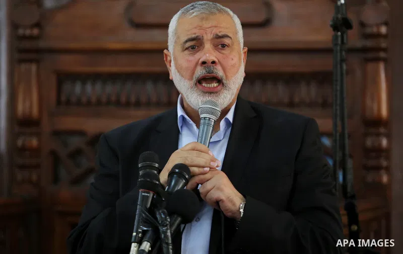 Palestinian Hamas Chief Ismail Haniyeh speaks at a mosque during the funeral of Palestinian Hamas militant Abdul Rahim Abbas ,42, who was killed in an unexplained explosion, in Gaza city, on Sept. 06, 2018. Photo by Ashr...