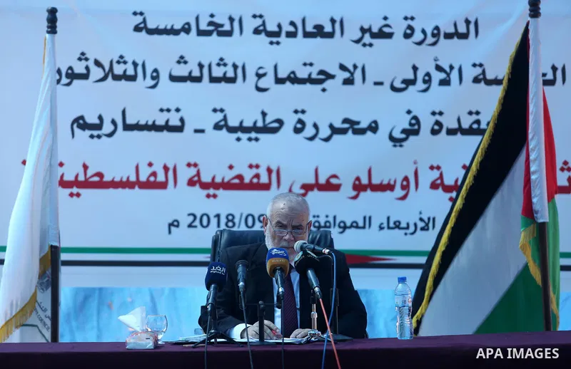 Deputy of the Legislative Council, Ahmed Bahar speaks during a meeting on the occasion of the 25th anniversary of the Oslo accords, in the southern of Gaza strip on September 12, 2018. Photo by Ashraf Amra