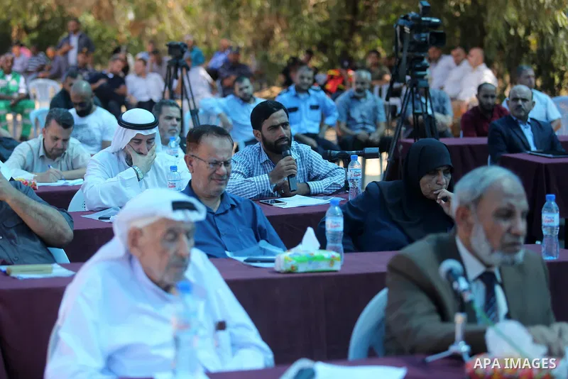 Members of the Palestinian legislative council attend a meeting on the occasion of the 25th anniversary of the Oslo accords, in the southern of Gaza strip on September 12, 2018. Photo by Ashraf Amra