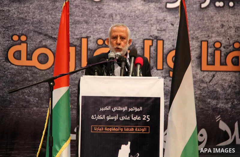Mohamed El Hendy, leader of the Islamic Jihad movement, speaks during the national conference, on the occasion of the 25th anniversary of the Oslo accords, in Gaza city on September 13, 2018. The Oslo Accords are a set o...