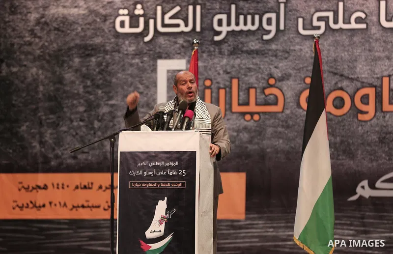 Senior Hamas leader Khalil al-Hayah speaks during the national conference, on the occasion of the 25th anniversary of the Oslo accords, in Gaza city on September 13, 2018. The Oslo Accords are a set of agreements between...