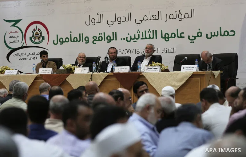 Palestinian Hamas leaders attend The first international scientific conference of Hamas movement, in Gaza city on September 18, 2018. Photo by Ashraf Amra