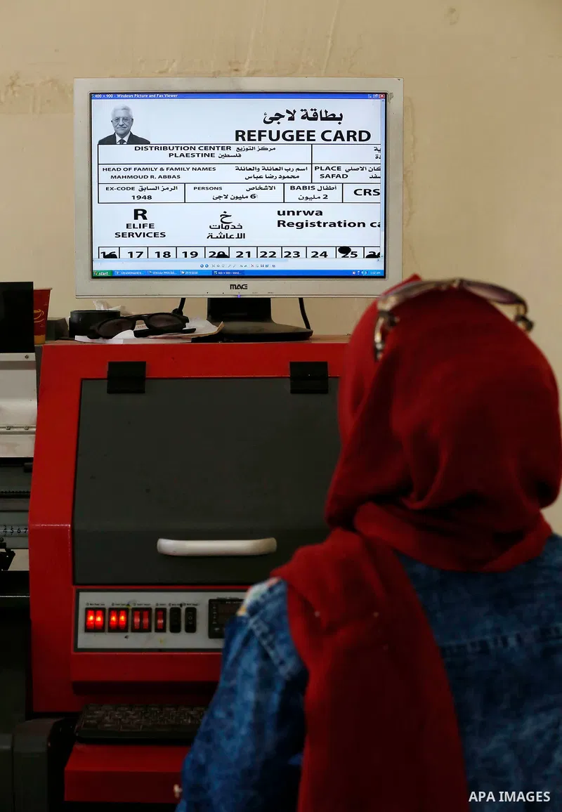 A Palestinian woman looks on the largest refugee card for Palestinian President Mahmoud Abbas on a computer before printing it to support him before his speech at the United Nations, in the West Bank city of Bethlehem on...