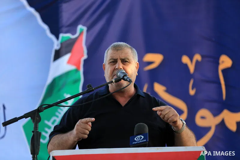 Khaled al-Batsh, senior leader of the Islamic Jihad movement, head of the supreme commission for the "Great Return March" speaks in tents protest where Palestinians demand the right to return to their homeland at the Isr...