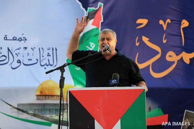 Khaled al-Batsh, senior leader of the Islamic Jihad movement, head of the supreme commission for the "Great Return March" speaks in tents protest where Palestinians demand the right to return to their homeland at the Isr...