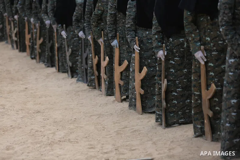 Palestinian Female members of al-Quds brigades, the military wing of Jihad Islamic organisation, Show their combat skills during a military show in Khan Yunis at southern Gaza Strip, on Oct. 6, 2018. Photo by Ashraf Amra