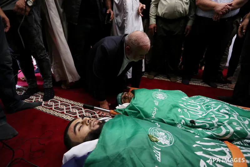 Relatives of Palestinians Ahmed al-Tawil, 27, and Ahmed Abu Naim, 17, who were shot dead by Israeli troops during clashes in tents protest where Palestinian demand rights to return to their homeland at Israel-Gaza border...