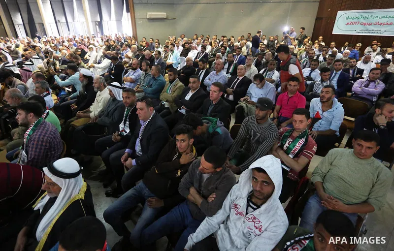 Palestinians attend a meeting about lift the sanctions, organized by Political and popular forces, in Gaza City on October 28, 2018. Photo by Ashraf Amra