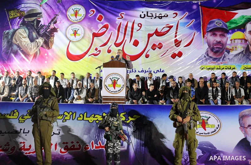 Khaled al-Batsh, senior leader of the Islamic Jihad movement, head of the supreme commission for the "Great Return March", speaks during a memorial service for Islamic Jihad militants who were killed in an Israeli operat...