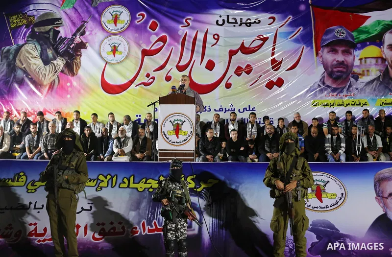 Khaled al-Batsh, senior leader of the Islamic Jihad movement, head of the supreme commission for the "Great Return March", speaks during a memorial service for Islamic Jihad militants who were killed in an Israeli operat...