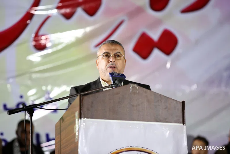 Senior Hamas leader Ismail Radwan, speaks during a memorial service for Islamic Jihad militants who were killed in an Israeli operation to blow up a tunnel last year, at the Bureij refugee camp, in central Gaza Strip, on...