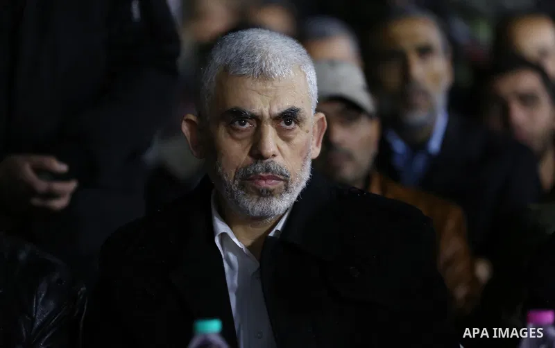 Hamas's leader in the Gaza Strip Yahya Sinwar attends a memorial service for seven members of Ezzedine al-Qassam Brigades, the armed wing of the Palestinian Hamas movement who were killed during an Israeli special forces...