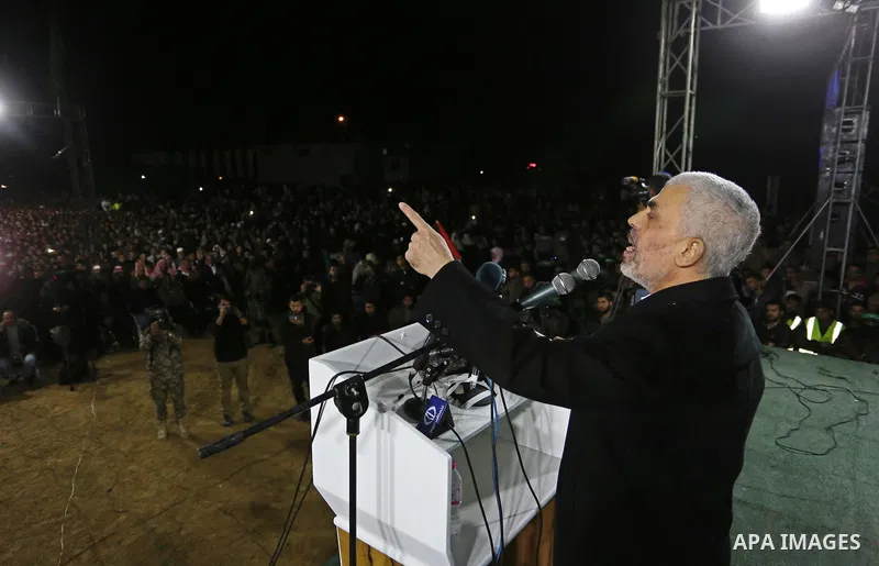 Hamas's leader in the Gaza Strip Yahya Sinwar speaks during a memorial service for seven members of Ezzedine al-Qassam Brigades, the armed wing of the Palestinian Hamas movement who were killed during an Israeli special...