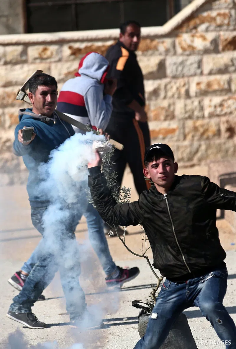 Palestinian protesters clash with Israeli forces after prevent Palestinian farmers to reach to their lands and planting olive trees, in the West Bank village of Urif, near Nablus on November 17, 2018. Photo by Shadi Jara...