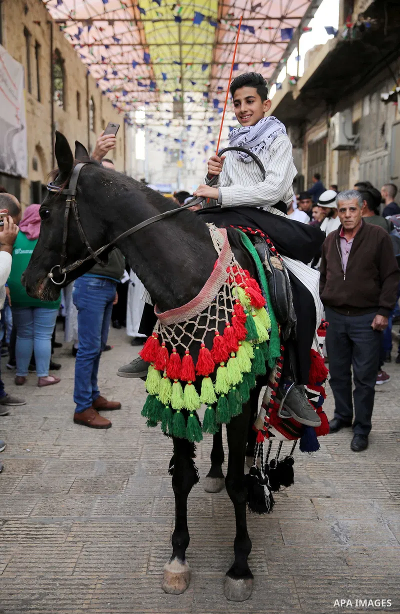 A Palestinian boy rides a horse at street during a street carnival in the West Bank city of Nablus on November 28, 2018. Photo by Shadi Jarar'ah