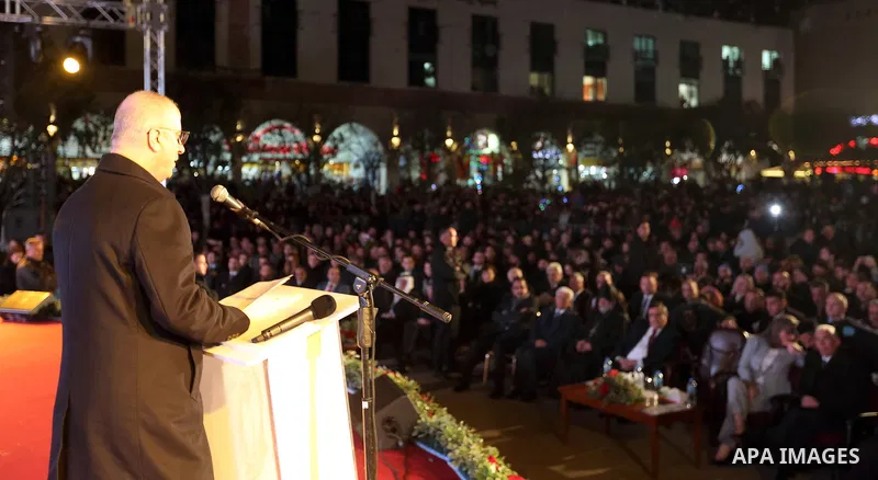 Palestinian Prime Minister, Rami Hamdallah attends the lighting of the Christmas tree on December 1, 2018 at the Manger Square near the Church of the Nativity, revered as the site of Jesus Christ's birth, in the biblical...