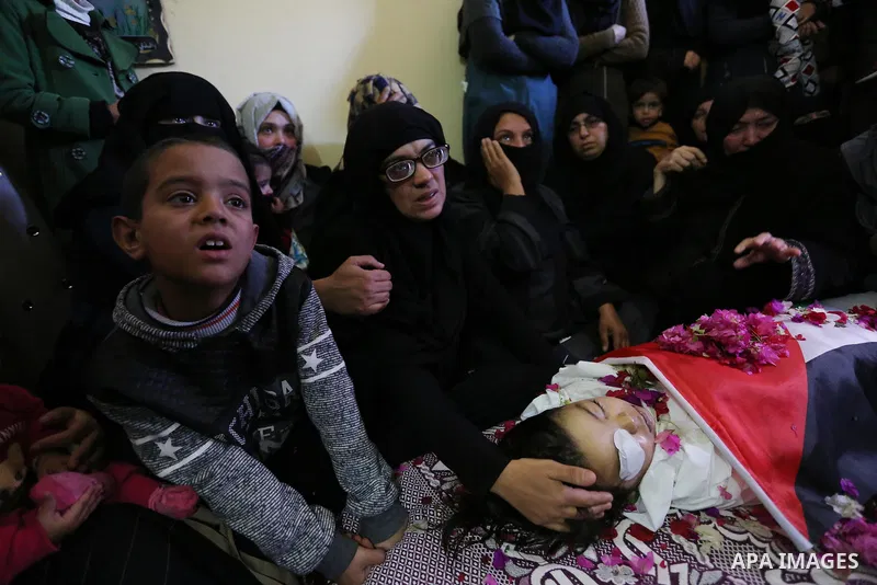 Relatives of Palestinian boy Ahmed Abu abed, 5, who was died of his wounds which he sustained by Israeli forces during clashes in tents protest where Palestinians demand the right to return to their homeland at the Israe...
