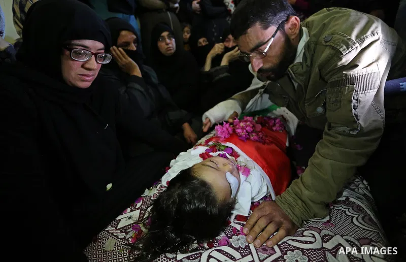Relatives of Palestinian boy Ahmed Abu abed, 5, who was died of his wounds which he sustained by Israeli forces during clashes in tents protest where Palestinians demand the right to return to their homeland at the Israe...
