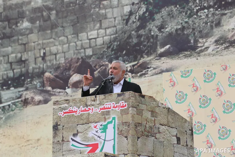 Chairman of the political bureau of the Hamas Palestinian Islamist movement, Ismail Haniyeh speaks during a rally marking the 31th anniversary of the founding of the Hamas movement, in Gaza city, December 16, 2018. Photo...