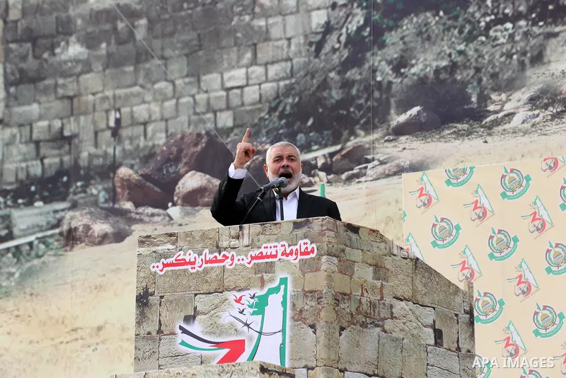Chairman of the political bureau of the Hamas Palestinian Islamist movement, Ismail Haniyeh speaks during a rally marking the 31th anniversary of the founding of the Hamas movement, in Gaza city, December 16, 2018. Photo...