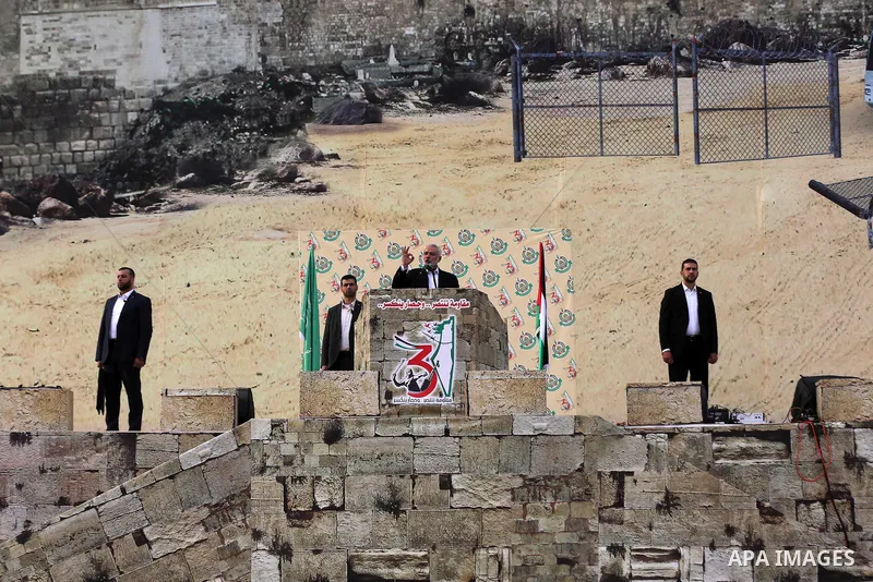 Chairman of the political bureau of the Hamas Palestinian Islamist movement, Ismail Haniyeh speaks during a rally marking the 31th anniversary of the founding of the Hamas movement, in Gaza city, December 16, 2018. Photo...
