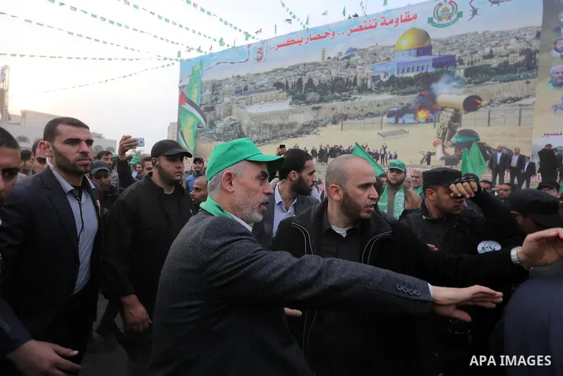 Hamas's leader in the Gaza Strip Yahya Sinwar arrives to attend a rally marking the 31th anniversary of the founding of the Hamas movement, in Gaza city, December 16, 2018. Photo by Ashraf Amra