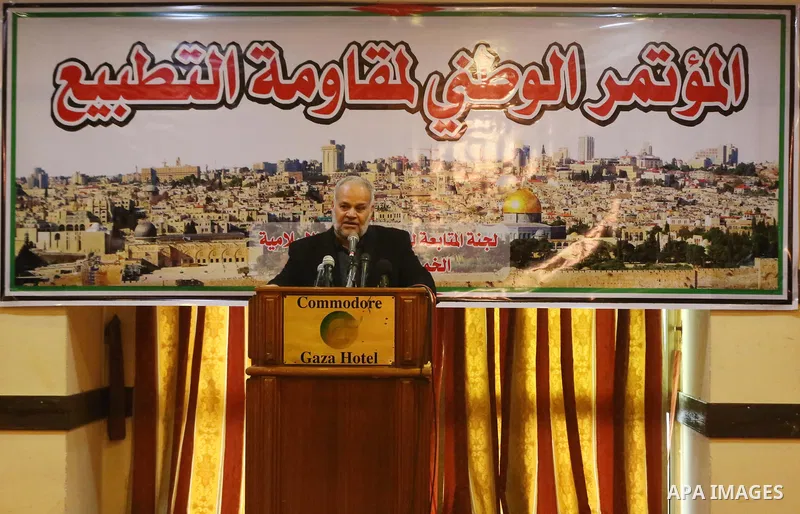 Khader Habib, a leader of Islamic Jihad movement speaks during the national conference against normalization with Israel, in Gaza city on December 27, 2018. Israel has recently actively pursued rapprochement with a numbe...