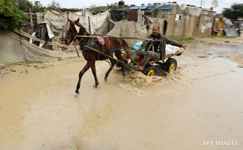 A Palestinian man rides a horse cart during a rainy day at Nahr al-Bared refugee camp in Khan Younis in the southern Gaza Strip on December 30, 2018. Photo by Ashraf Amra